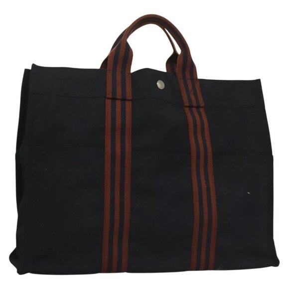 HERMES Fourre Tout GM Hand Bag Canvas Navy Silver Auth 131468 - Picture 1 of 16